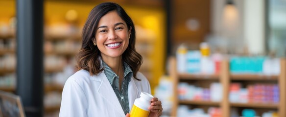 The Pharmacist Smiling in Modern Pharmacy Holding a Prescription Bottle and Counseling