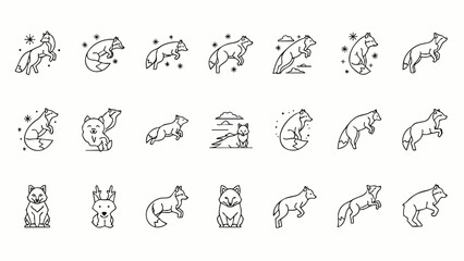 Obraz premium Collection of minimalist fox line art icons, featuring various poses and styles of wild canines, perfect for graphic design, logos, and web elements.