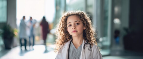 The Young Girl Doctor in Training Wearing Scrubs and Stethoscope in Hospital Corridor