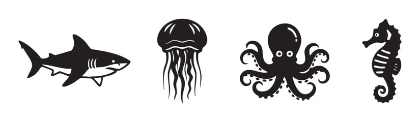 Diverse marine life icons including shark, jellyfish, octopus, and seahorse © MuslimaHijabimodes