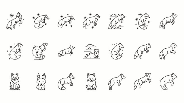 Collection of minimalist fox line art icons, featuring various poses and styles of wild canines, perfect for graphic design, logos, and web elements.