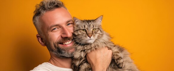 The man holding a fluffy tabby cat against a bright orange background
