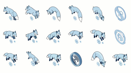 Fototapeta premium Cute cartoon arctic fox animation sprite sheet set, showing playful winter animal running, jumping, and exploring in snow, vector illustration.