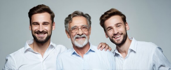 The smiling father flanked by two adult sons in bright studio portrait
