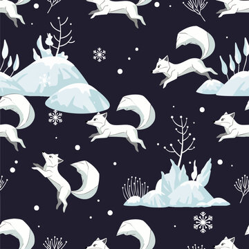 Cute arctic foxes jumping in a whimsical seamless winter pattern. Snowy landscape with snowdrifts, snowflakes, and bare plants on a dark background.