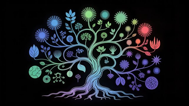 A vibrant, colorful tree of life illustration with intricate branches and diverse floral and leafy designs against a black background