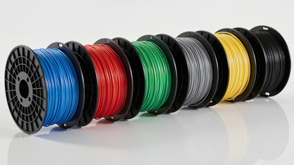 Colorful spools of filament on white surface