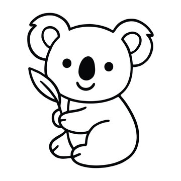 Adorable koala illustration holding a leaf in a simple line art style
