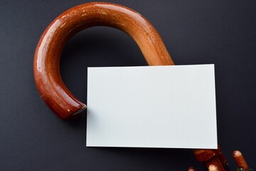 Close-up of a blank card and an umbrella with a wooden handle on a black background
