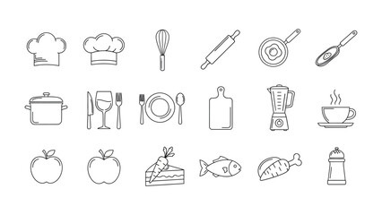 Fototapeta premium Culinary Essentials: An illustrated array of kitchen tools and food items, each perfectly poised for crafting delightful culinary experiences.