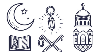 Fototapeta premium Celebrating Ramadan with mosque, crescent, lantern, prayer, and book icons in a serene illustration