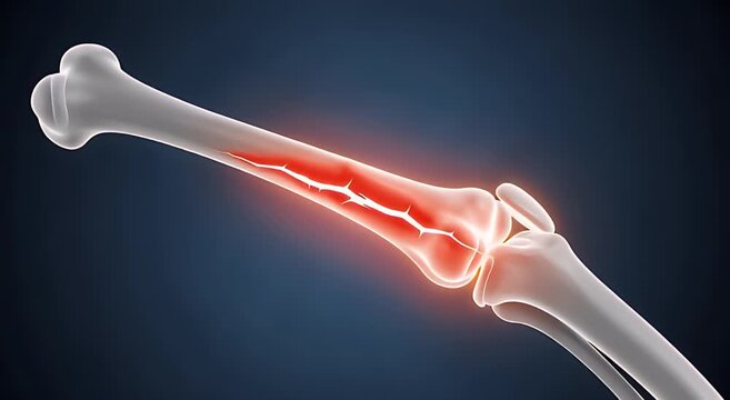 3D Illustration of Fractured Human Bone Highlighted with Red Light on Dark Blue Background for Medical Usage and Research