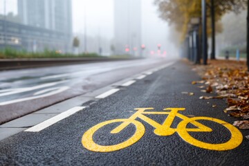 Obraz premium Bicycle Lane Disappearing into Morning Fog Creating a Sense of Calm and Mystery