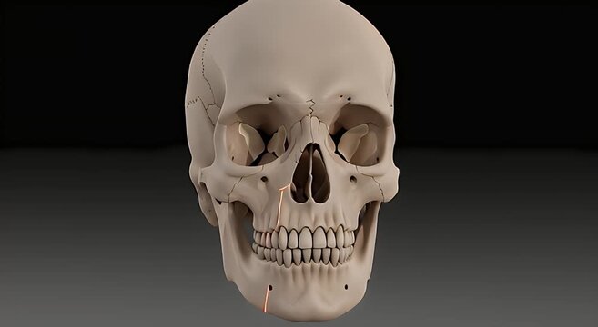 Realistic 3D rendered human skull model featuring detailed anatomical bone structure and an authentic dental arch on a dark background
