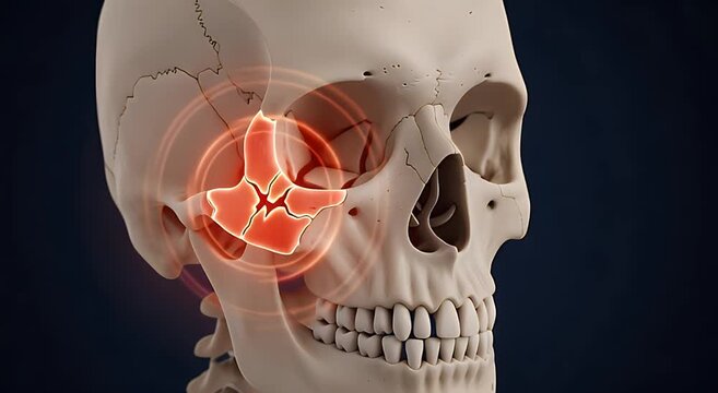 Detailed 3D Medical Illustration of a Human Skull with Temporal Mandibular Joint (TMJ) Pain Indicated by a Red Highlight
