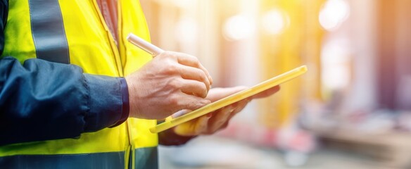 The worker in high-visibility vest using tablet for warehouse inspection and inventory management