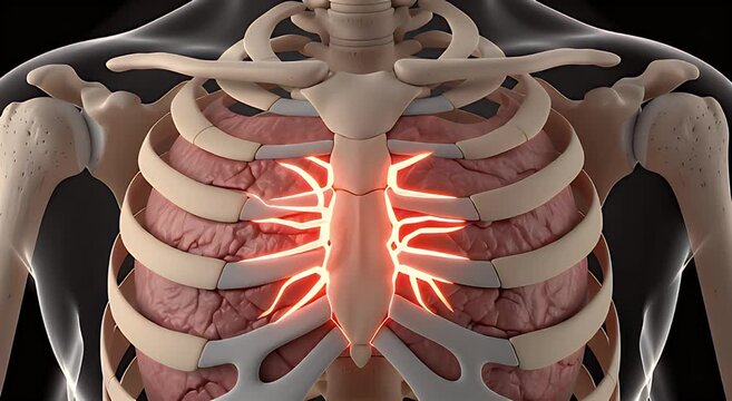 Detailed 3D render of human anatomy featuring the glowing sternum and ribs in a male torso, illustrating bone health and skeletal structure.
