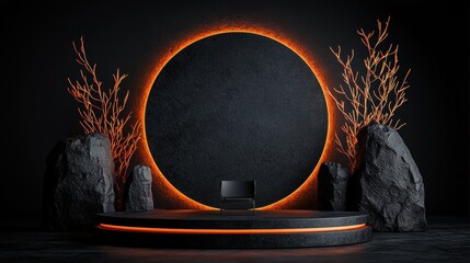 A black platform with a chair and a large black circle in the background.