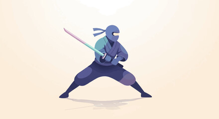 Obraz premium Pixelated warrior with sword stands in defensive pose on light background