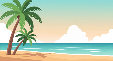 Obraz premium Pixelated palm trees grace a tranquil beach with turquoise ocean waves under a gradient sky