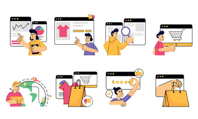 Illustration of people browsing and shopping online on computer browsers
