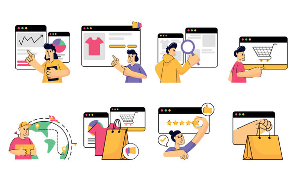 Illustration of people browsing and shopping online on computer browsers
