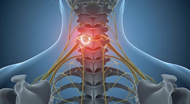 Detailed 3D anatomical illustration of human neck pain, highlighting affected cervical vertebrae and spinal nerves causing medical discomfort