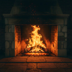 Obraz premium Roaring Fire in a Rustic Stone Fireplace