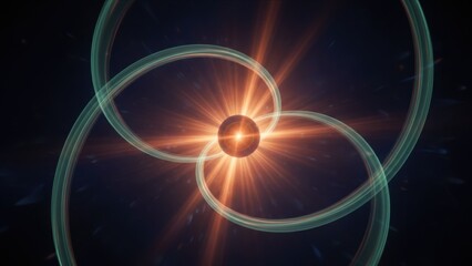 An abstract glowing energy nexus with light ribbons in dark space, sci fi power flow concept, nuclear energy