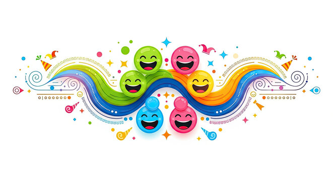 Smiling colorful faces, rainbow ribbon, confetti, and party elements&mdash;capturing the playful, joyful, mischievous spirit of April Fool&rsquo;s Day.