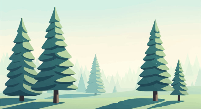 Pixelated evergreen forest scene with layered trees and soft pastel sky