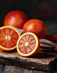 Blutorangen liegen auf einem Holzbrett und einigen aufgeschnittenen Fr&uuml;chten, im sanften Licht einer ruhigen K&uuml;chenszene.
