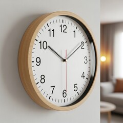 Classic round wall clock with a wooden frame, black numbers, and minimalist white face, mounted on a light-colored wall.