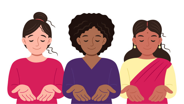 Women of different nationalities hold out their hands on transparent background. Illustration is suitable for the design of International Womens Day 2026. GiveToGain theme.