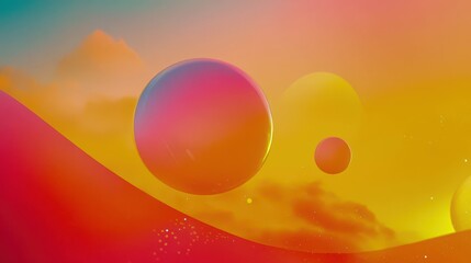 Colorful abstract background with floating spheres in pink and yellow