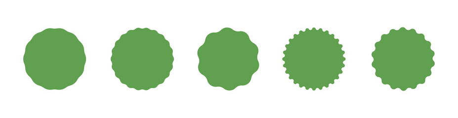Green circle sticker collection. Star burst shape green tags for shop, price. Wavy edge promo green badges. Flat vintage labels. Blank sale stickers set, simple silhouette.