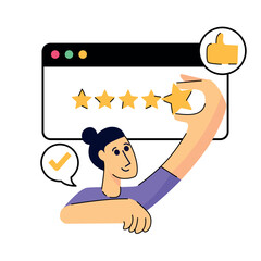 Illustration of woman giving five star rating feedback