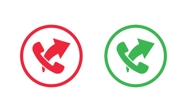 Two circular phone icons, red with white handset facing down to end call, and green with white handset facing up to answer call. Universal mobile communication symbols for apps and interfaces.