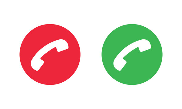 Two circular phone icons, red with white handset facing down to end call, and green with white handset facing up to answer call. Universal mobile communication symbols for apps and interfaces.