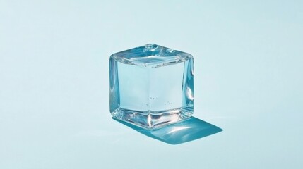 A clear glass cube with water inside sits on a light blue background.