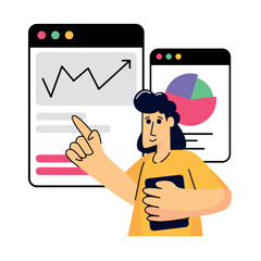 Cartoon woman pointing at graph on phone screen