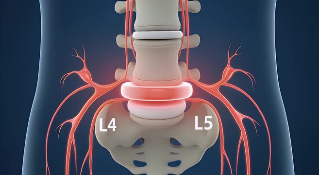 Detailed 3D Medical Illustration Showing Lumbar Vertebrae L4 and L5 with Compressed Spinal Disc and Nerve Pain Indication