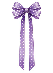 Purple polka dot ribbon bow with long tails. Decorative element for gift, party, celebration, birthday, greeting card. Present design.