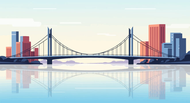 Pixelated suspension bridge spans calm water reflecting city skyline