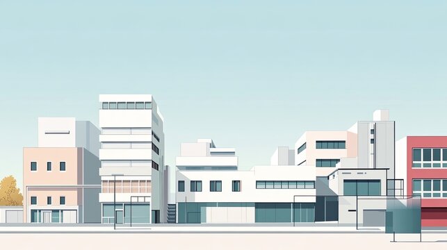 Clean architectural rendering of modern educational or public complex with flat roofs, colored sections, and large windows under soft blue sky. Generative by AI