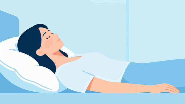 A woman is sleeping on a bed with a pillow. She is laying on her back with her arms crossed