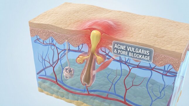 Acne pore blockage skin inflammation damaged cell redness infection cross section human skin medical dermatology health problem skin are shown this cross section illustration of acne vulgaris