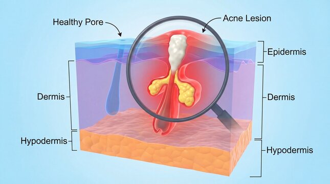 Acne lesion skin cross section showing healthy pore epidermis dermis hypodermis inflamed area damaged cells and clogged pore with sebum under magnification