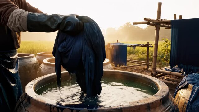 Person Dyes Textile in Vat With Natural Indigo Dyeing Process