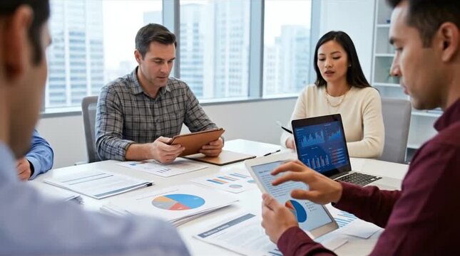 Diverse Business Professionals Reviewing Data & Charts in Collaborative Office Meeting. Team Analyzing Financial Trends on Tablets & Laptop with Ur...